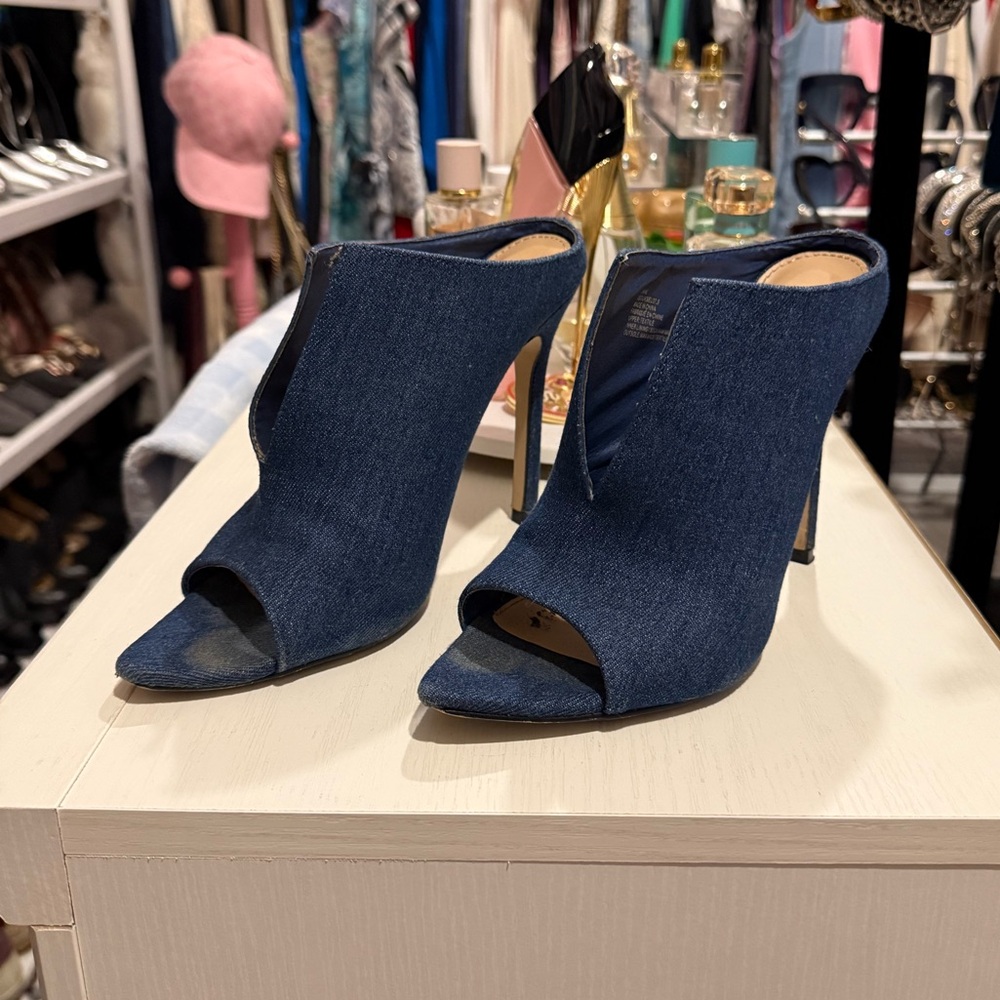 Shoe Dazzle Janae Denim Peep-Toe Slit Mules